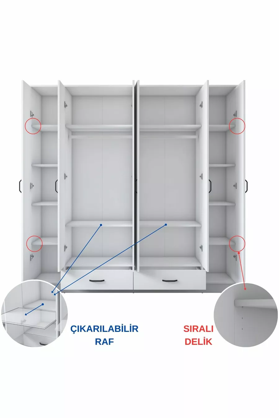 Rani  Armoire Spacieuse pour Vêtements 6 Portes 2 Tiroirs  Étagères 2 Tringles Blanche