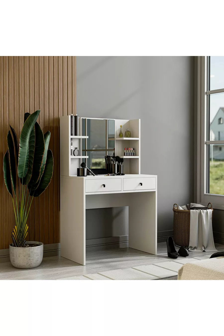Coiffeuse blanche brillante avec miroir et 2 tiroirs, CM