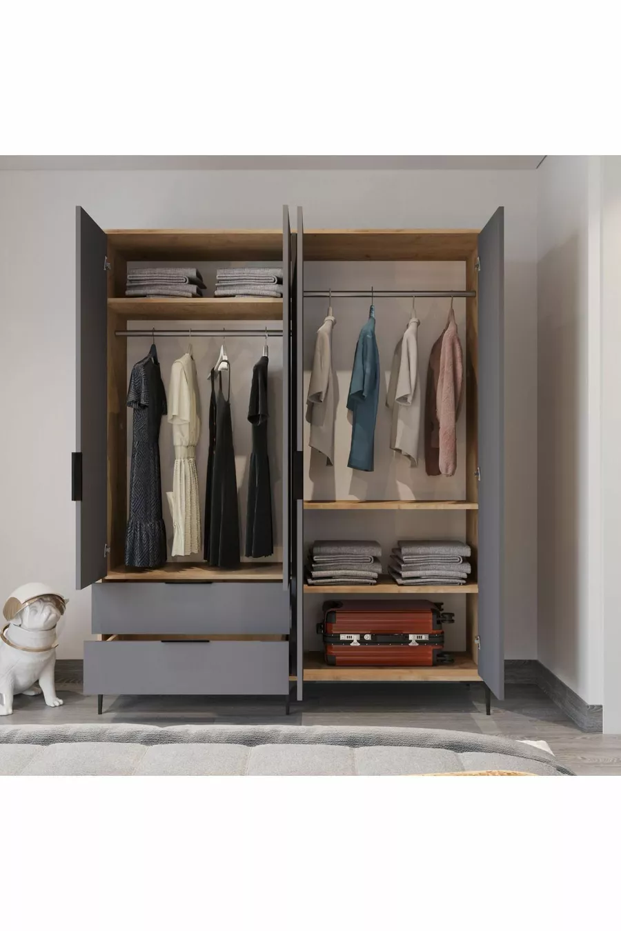 Armoire Aden anthracite complet à 4 portes avec tiroirs, penderie, armoire avec étagères