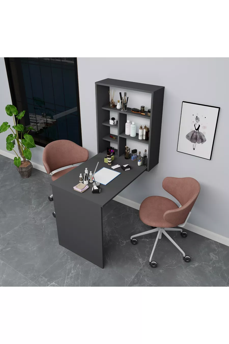 Table de manucure et pédicure avec étagère en cèdre, anthracite - Cèdre