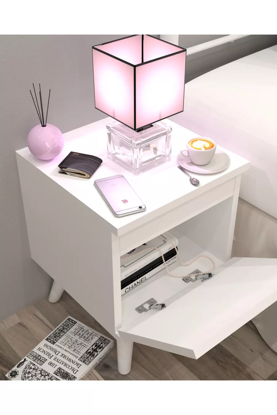 Table de chevet Gimli avec compartiment secret, MDF, assemblé, ne nécessite pas de montage