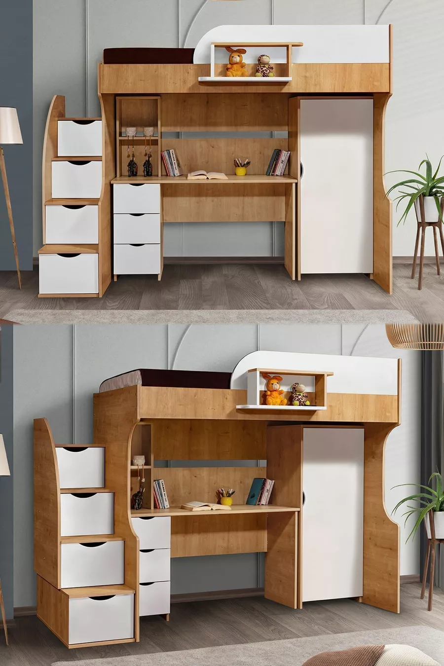 Lits superposés, Litera Ranza Armoire Bureau, Noyer clair-Blanc