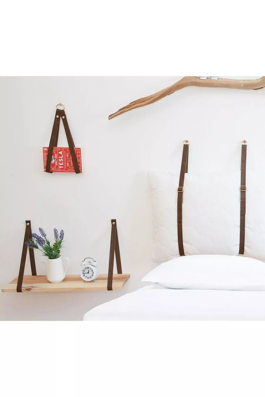 Ensemble de décoration de chambre à coucher en cuir : tête de lit, table de chevet, porte-revues et support pour plante