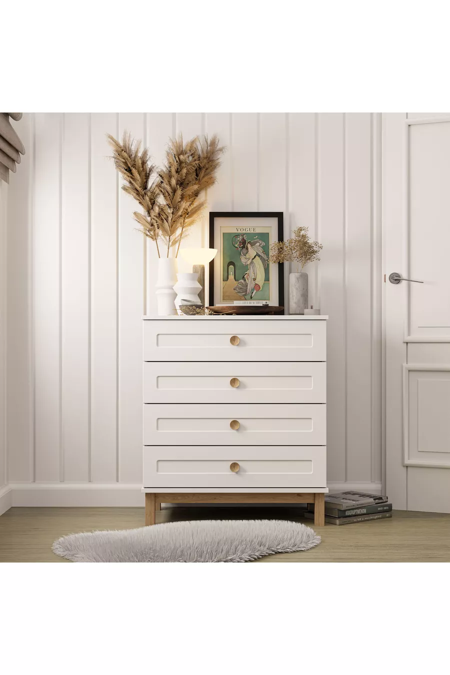Commode Desa 4 tiroirs avec portes en MDF à glissières télescopiques (pieds en profilé MDF) Blanche - Panier