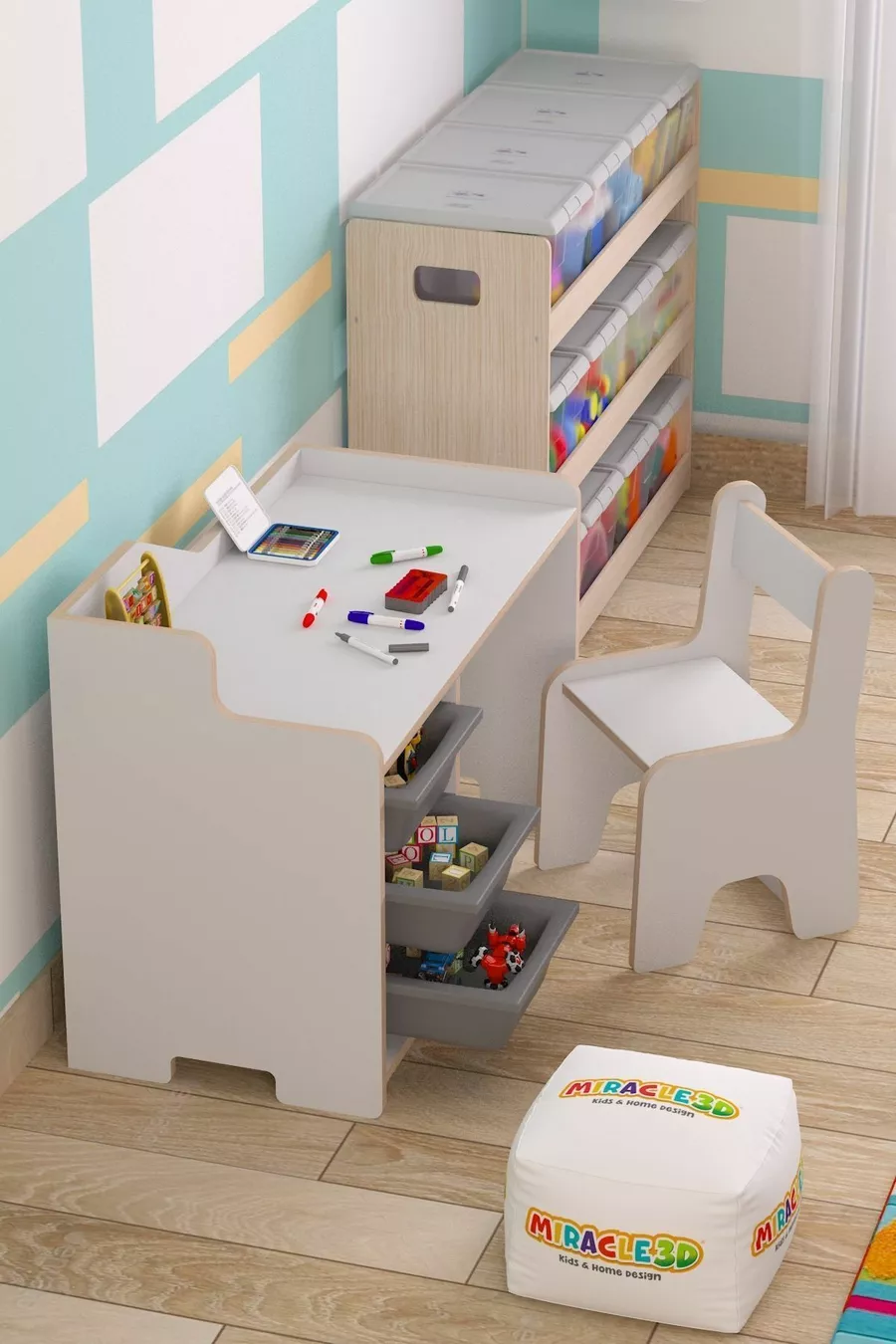 Bureau d'étude pour enfant Cm avec 3 paniers et chaise avec dossier pour enfant