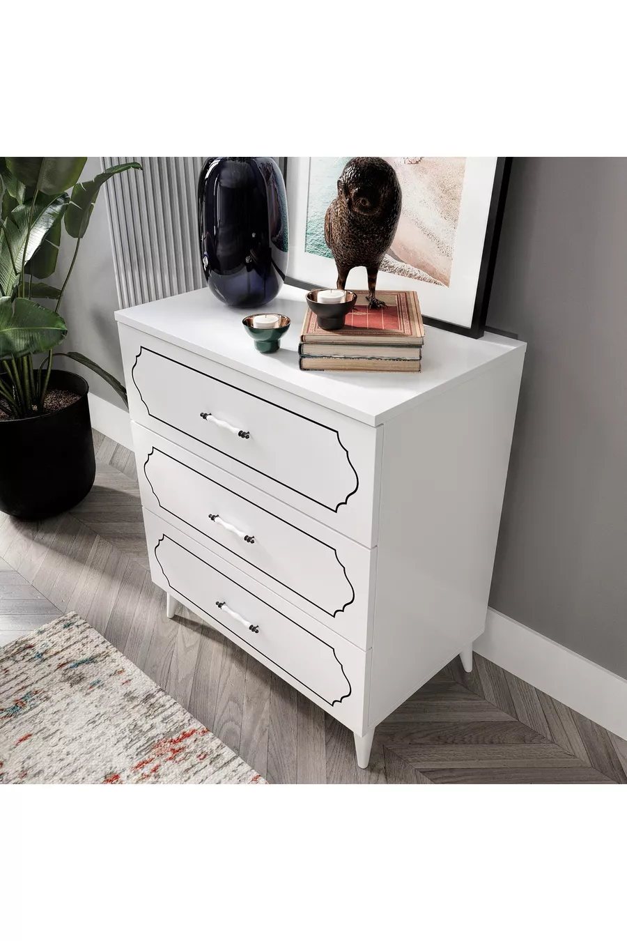 Commode moderne à 3 tiroirs Hayal blanche - Entièrement en MDF de qualité 1