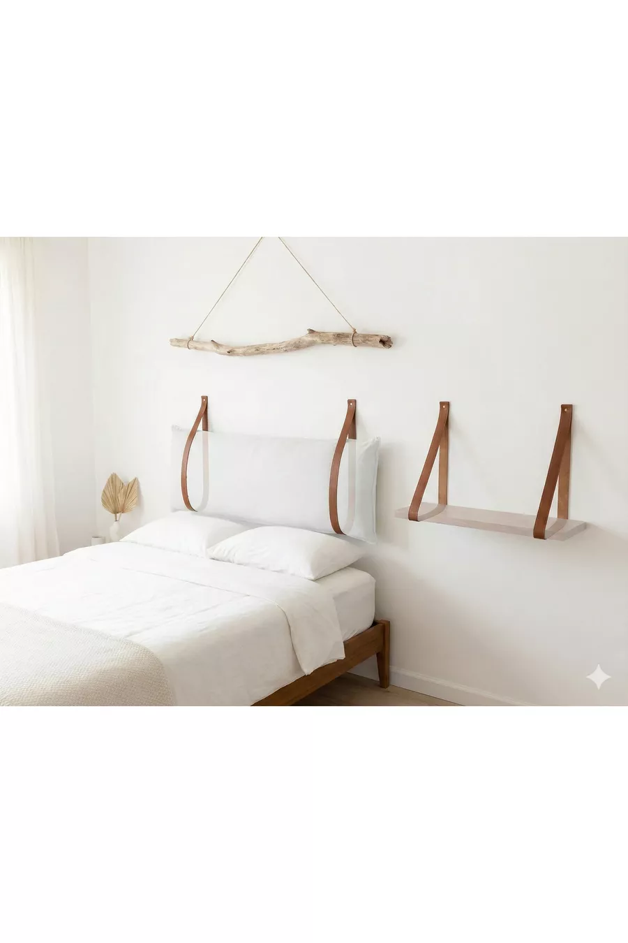 Tête de lit en cuir avec sangles + ensemble de 2 étagères murales pour chambre à coucher