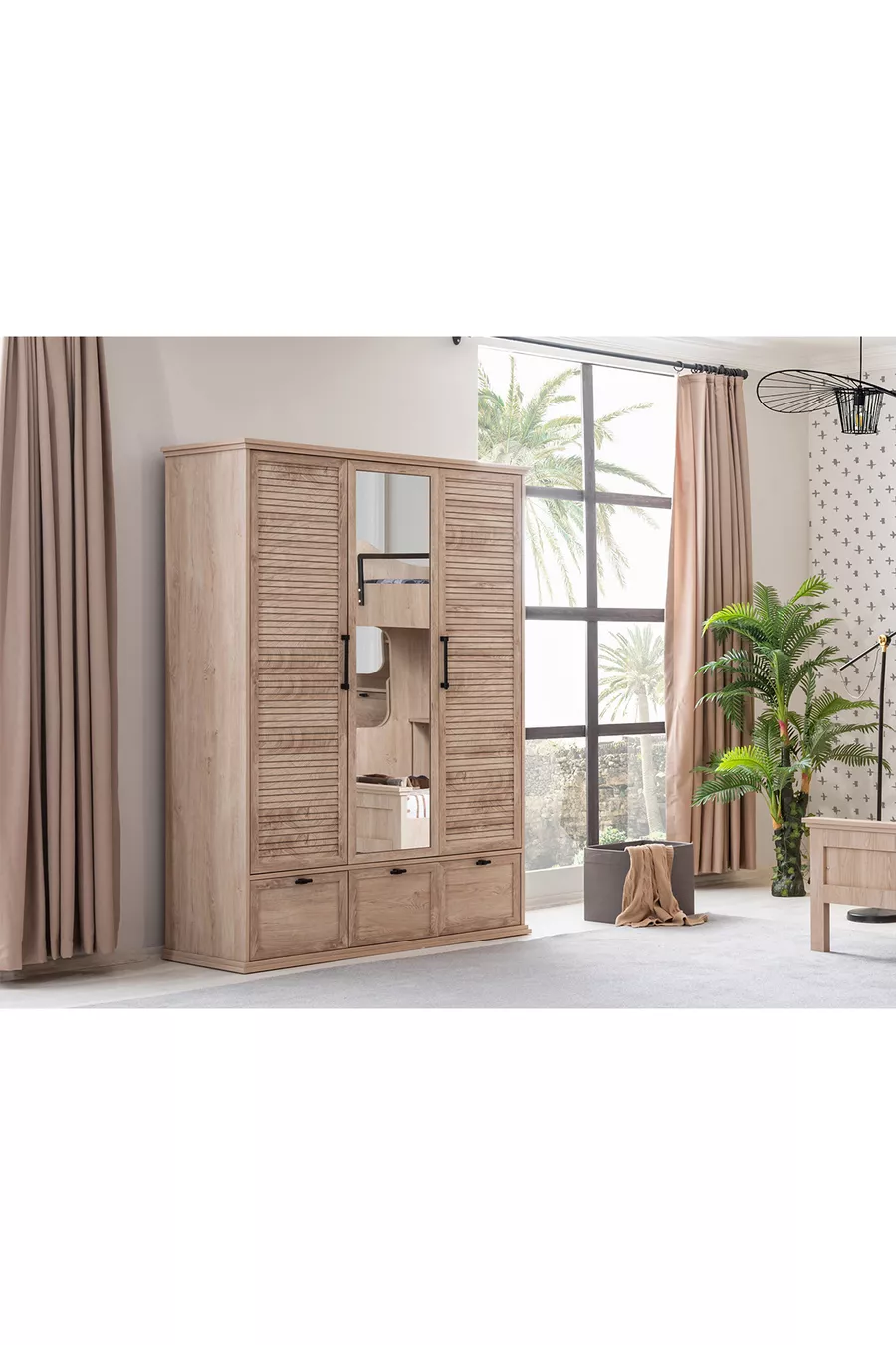 Lit superposé, ensemble de chambre pour jeunes Polo avec bureau double, lit superposé en noyer + armoire en noyer à trois portes