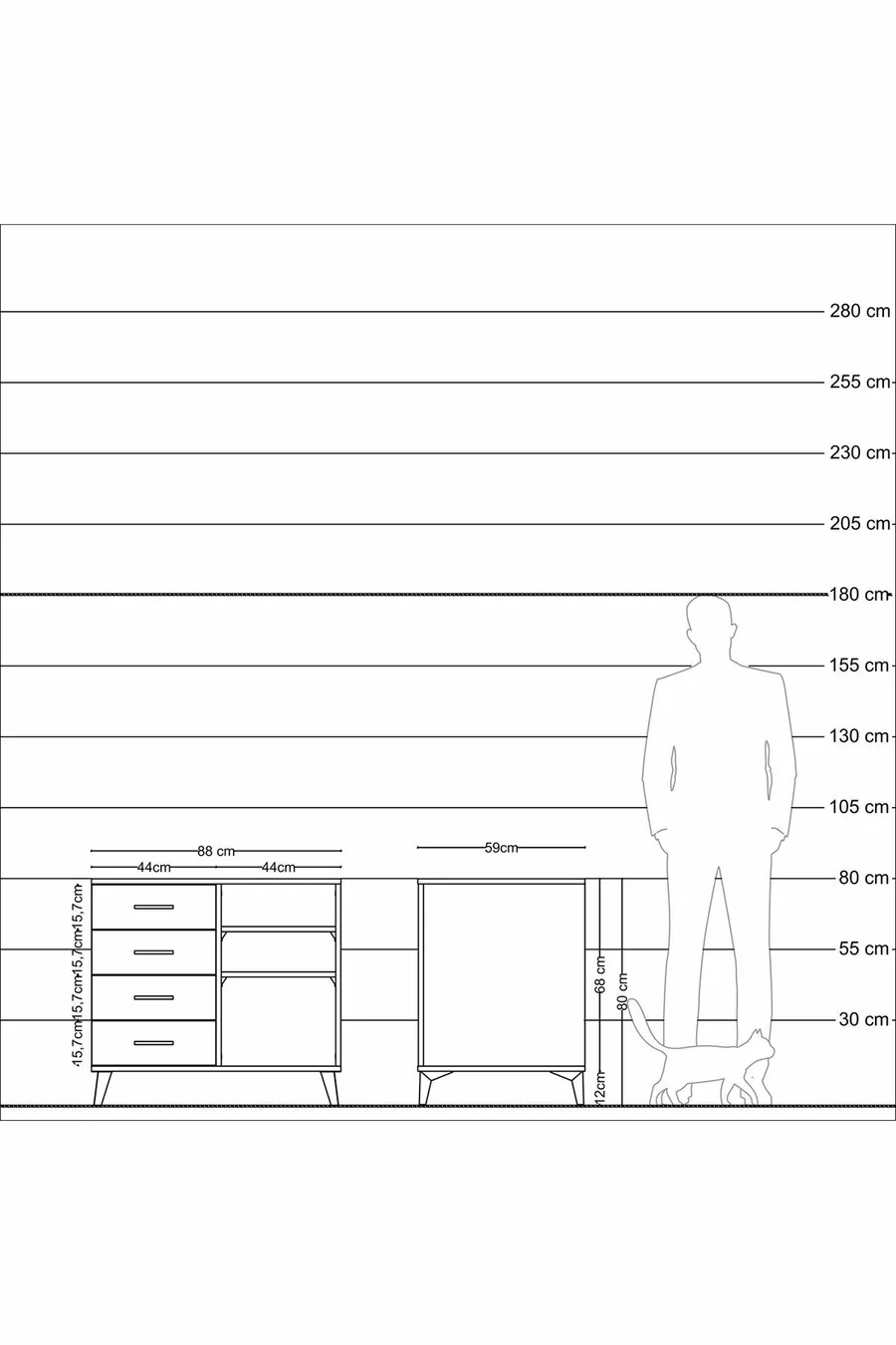 Commode Kronos 2 étagères 4 tiroirs Anthracite-Sapin/Mer de pierre