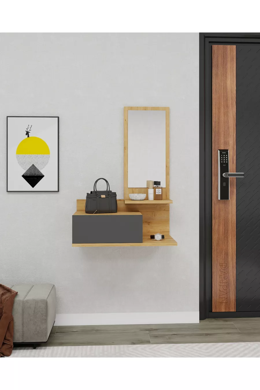 Console murale avec miroir et tiroirs Rozella, érable clair & anthracite - Rozella