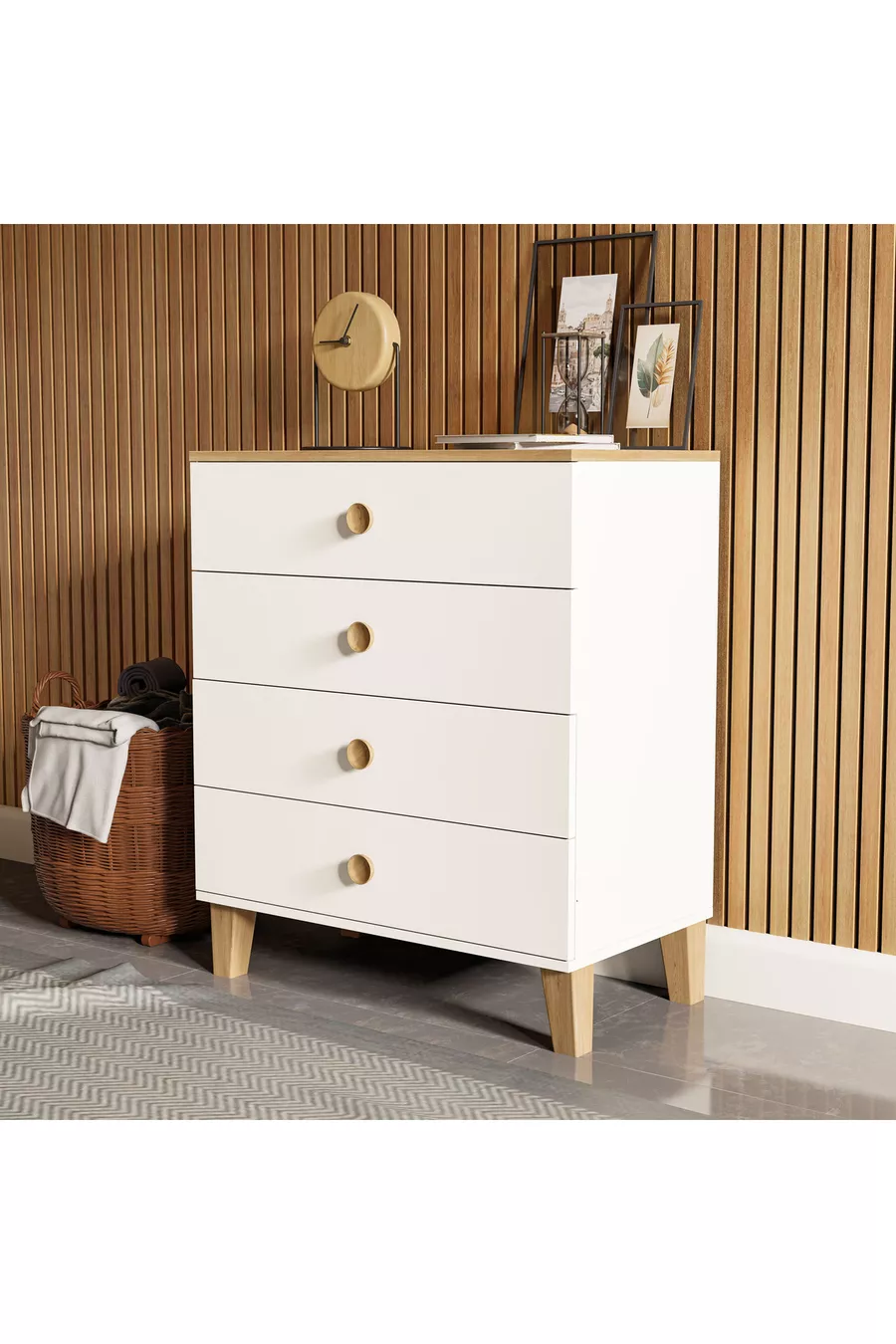 Commode Vento 4 tiroirs avec panier - Blanc