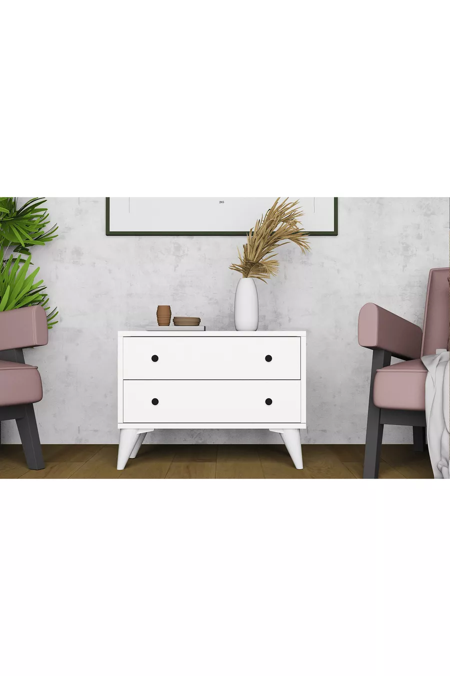 Table de chevet moderne blanche Sandara à 2 tiroirs sur pieds