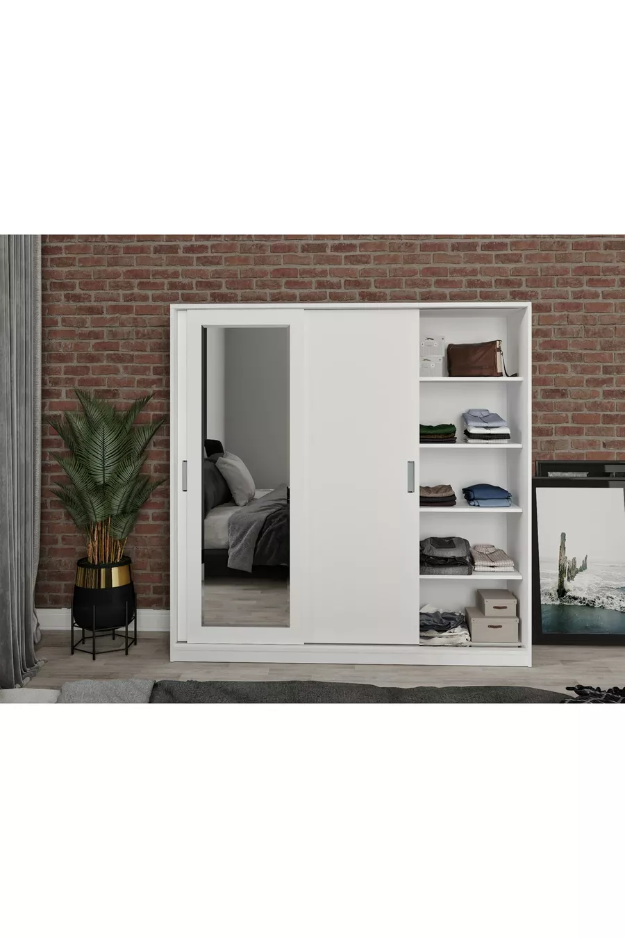 Armoire à vêtements Samira en MDF avec portes coulissantes et miroir blanc - MDF de première qualité