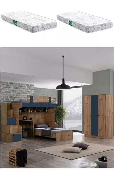 Ranza, Lit superposé Riva avec lit, bureau, armoire à 3 portes et 2 matelas Confort
