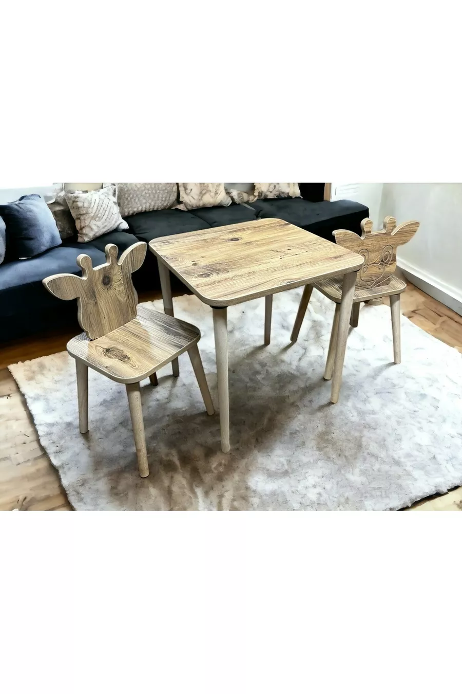 Ensemble table et chaises pour enfants en pin Zürafa, table d'activités, table de travail, 1 table et 2 chaises