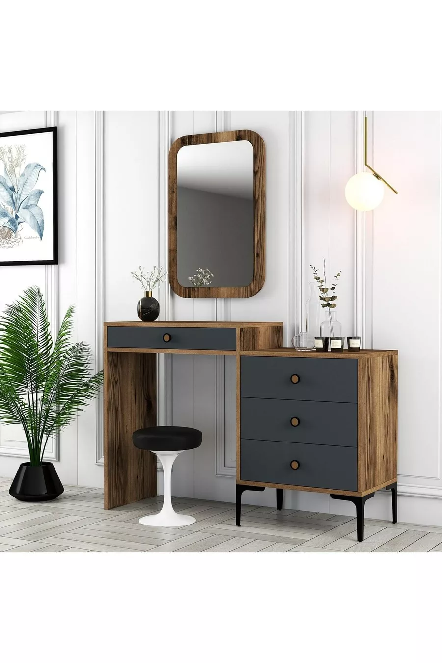 Commode à maquillage miroir variant Lisbonne - Noyer / Anthracite