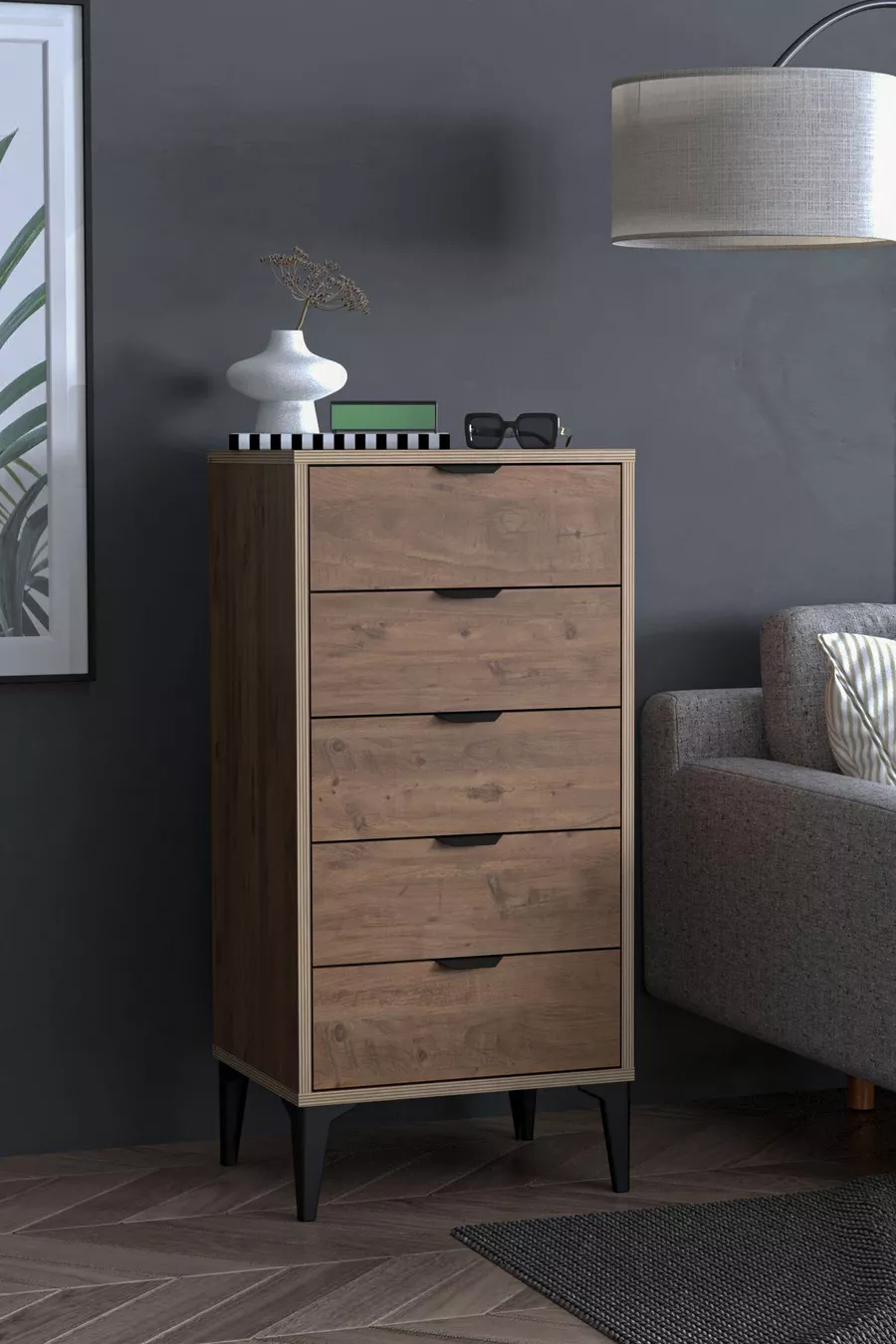 Commode Arden 5 tiroirs, panier à linge