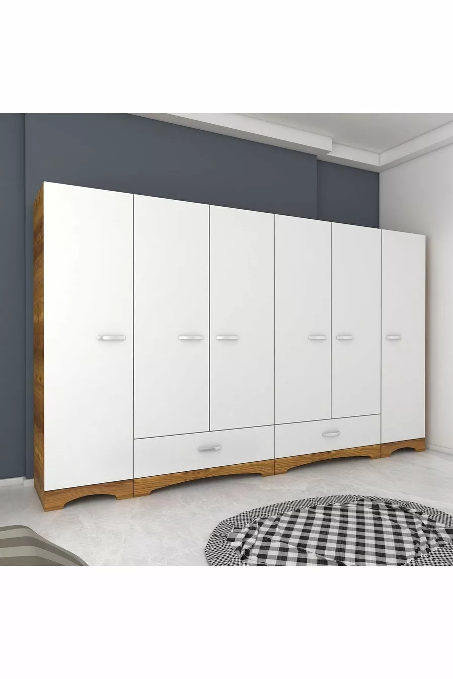 Armoire Rani  à large garde-robe, 6 portes, 2 tiroirs, 2 penderies, module unique, miniature noyer - blanc