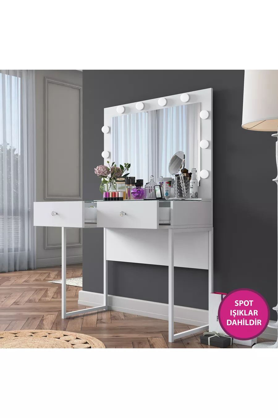 Rani Coiffeuse de Coulisses avec Miroir Illuminé Hollywood, 2 Tiroirs, Organisateur de Bijoux, Blanc
