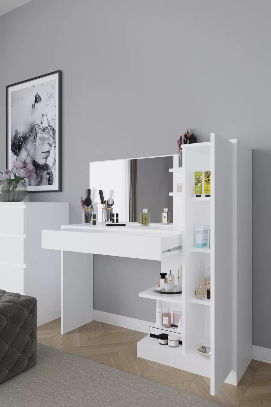Coiffeuse Orchidée, 1 tiroir, avec armoire et miroir