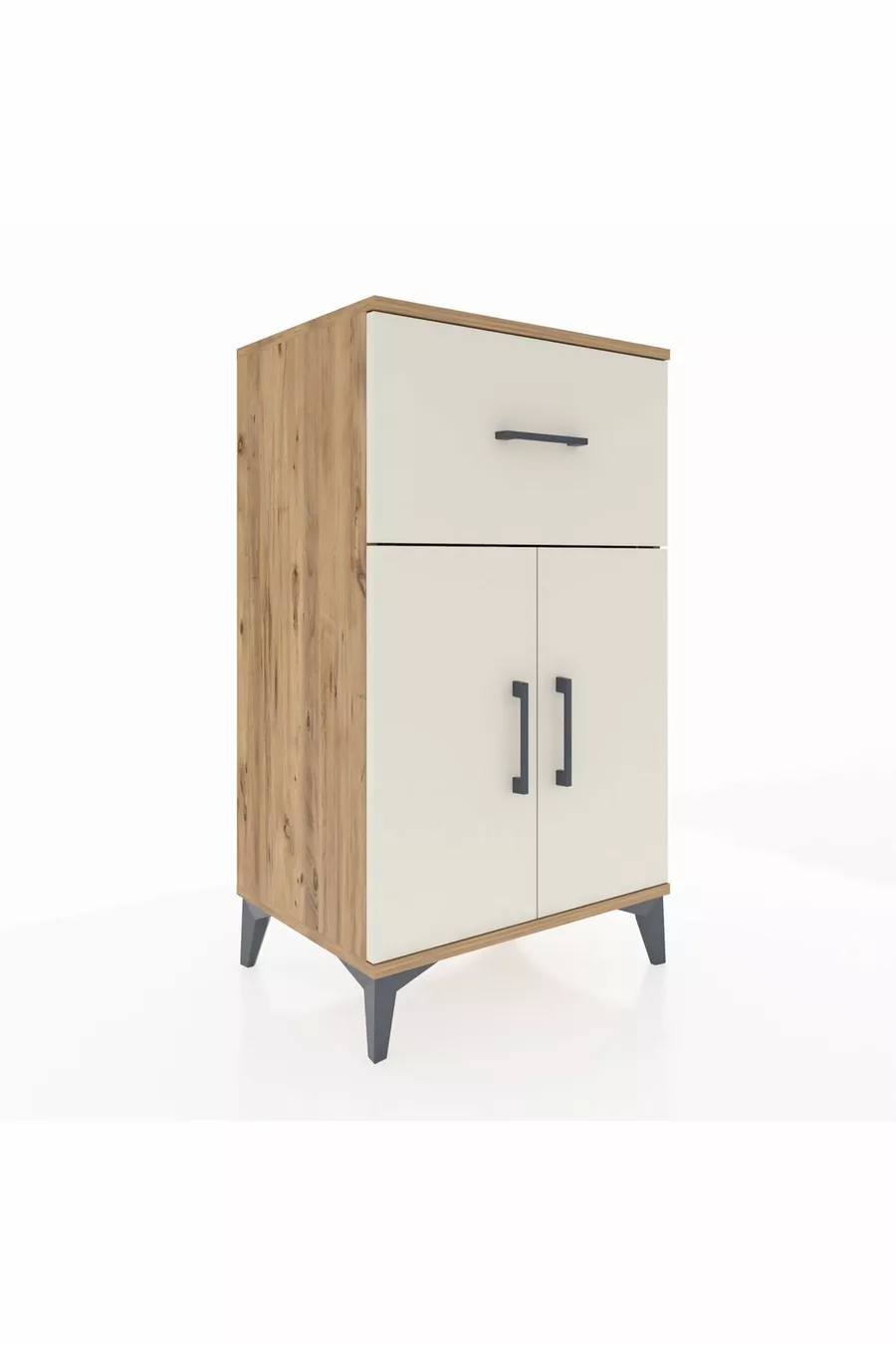Chevet Hyperion avec une étagère simple, un tiroir et deux portes, en pin et travertin