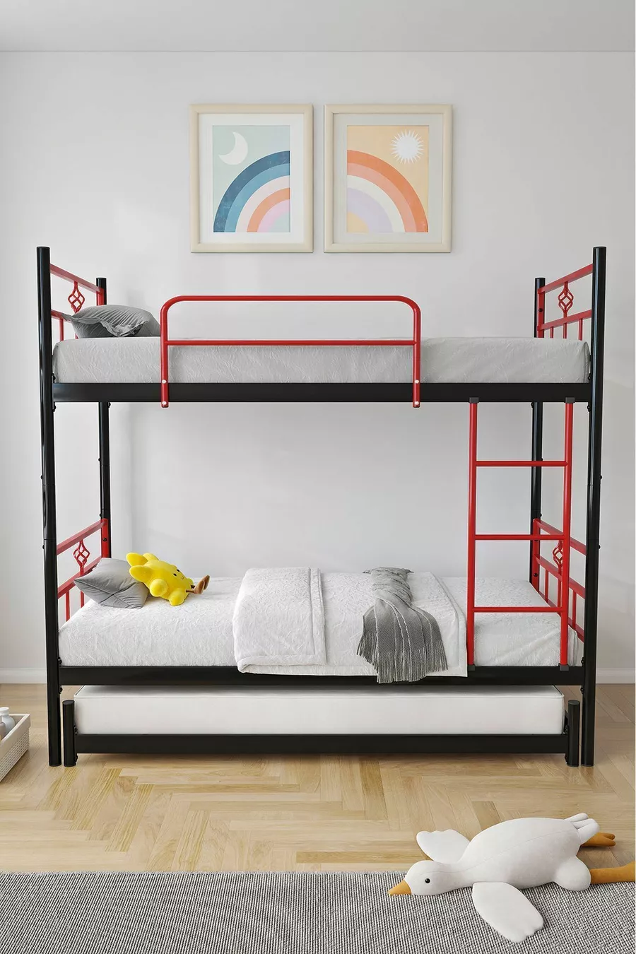 Lit superposé Koza avec tiroirs, compatible avec trois personnes, métal rouge