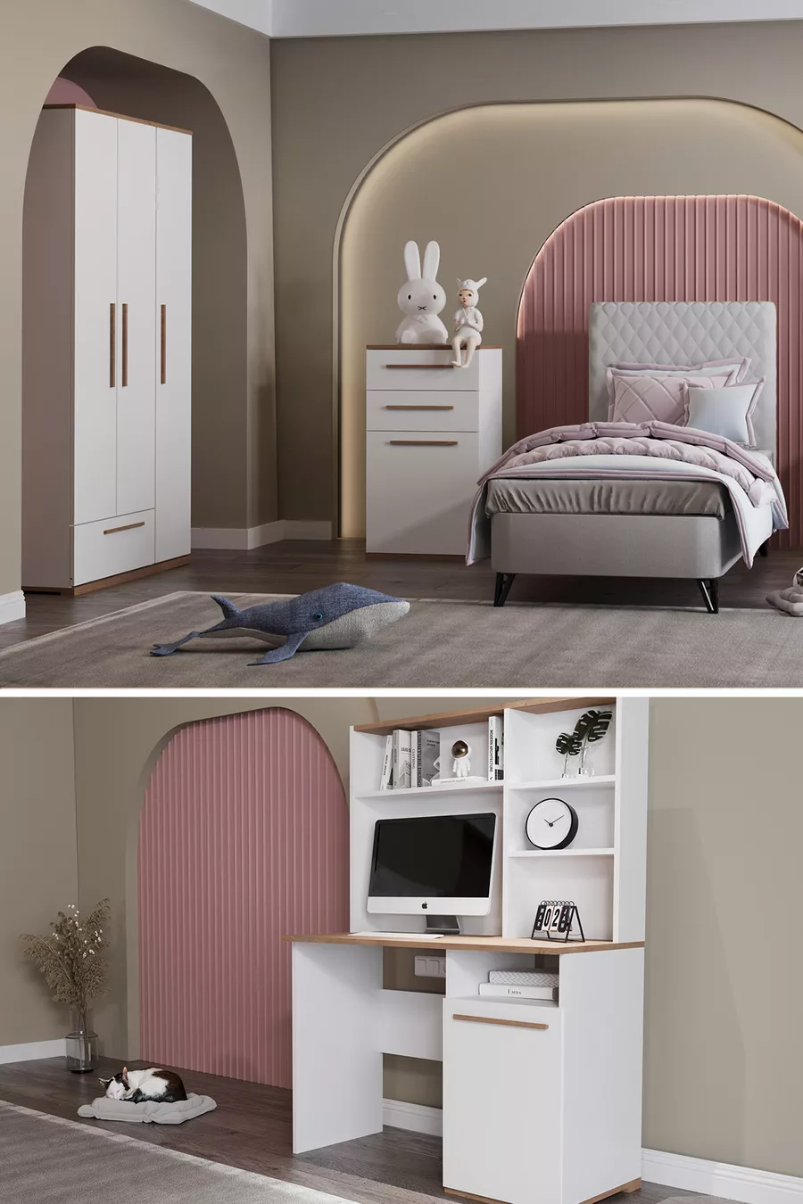 Ensemble Chambre d'Enfant Lit Coffre Tête de Lit & Armoire & Bureau & Commode - Blanc