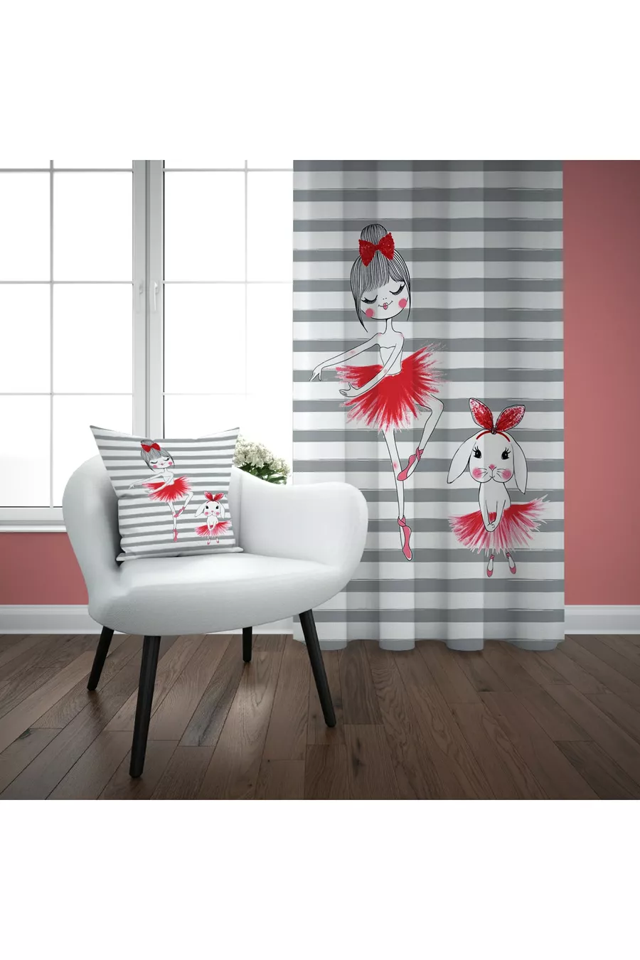 Ensemble Chambre Fille Ballerine à Rayures Grises (Rideau - Couverture de Lit et Coussin - Tapis)