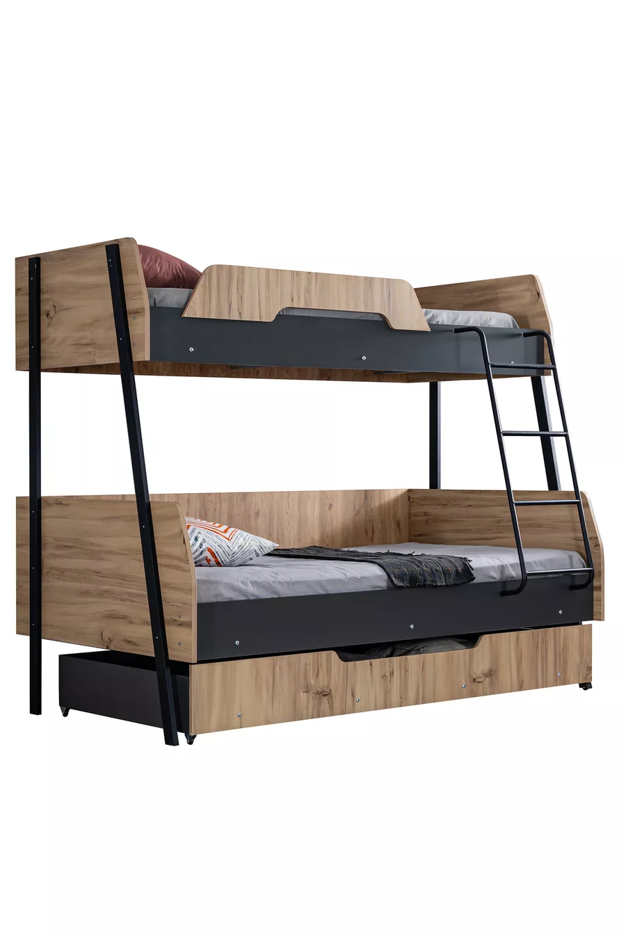 Lit superposé, Lit superposé Alba avec large tiroir, cm - cm - Noyer-Anthracite + 2 matelas confort
