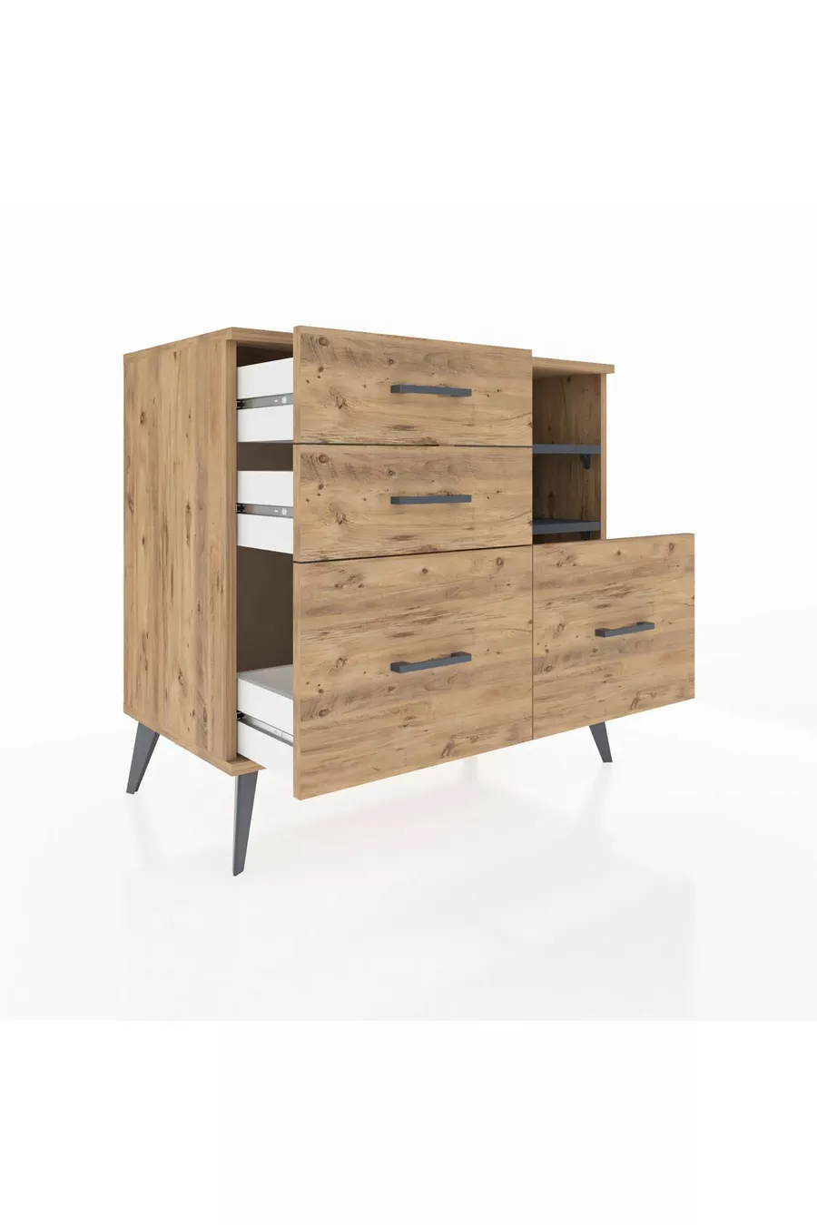 Commode Hyperion 2 étagères 4 tiroirs Pin-Anthracite/Pin