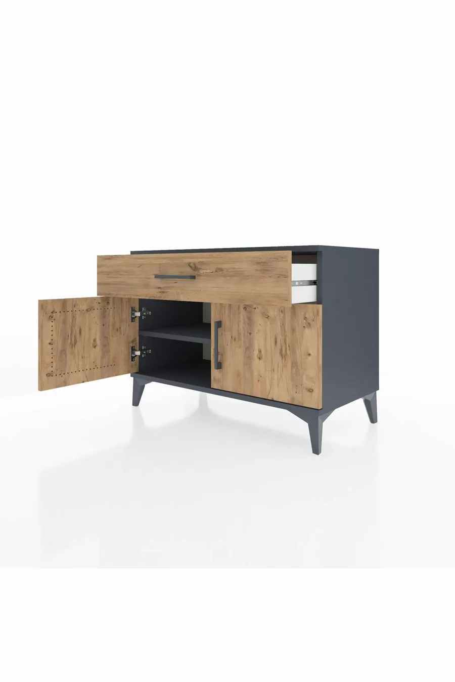 Commode Hyperion à une étagère, un tiroir et deux portes, Anthracite-Épicéa
