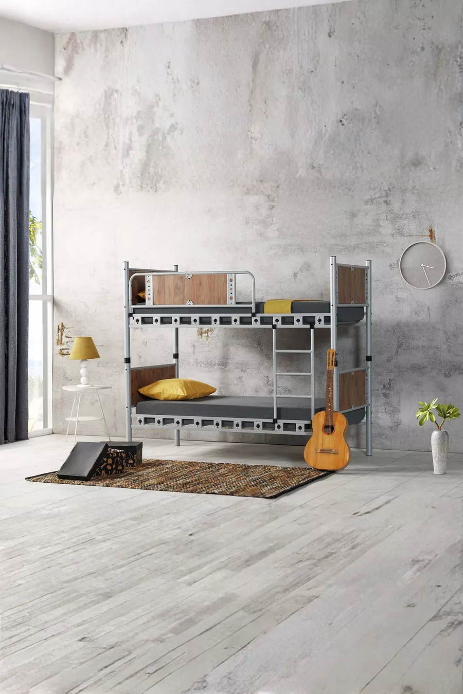 Chambre d'enfant élégante pour garçon avec lits superposés en métal et cadre de lit en bois