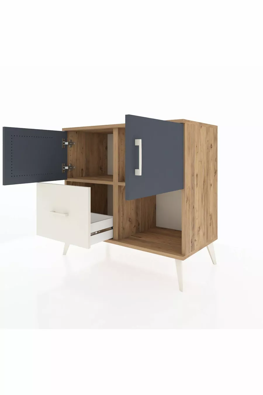 Commode Hyperion avec 2 étagères, 1 tiroir et 2 portes, Pin-Anthracite/Pierre de lune
