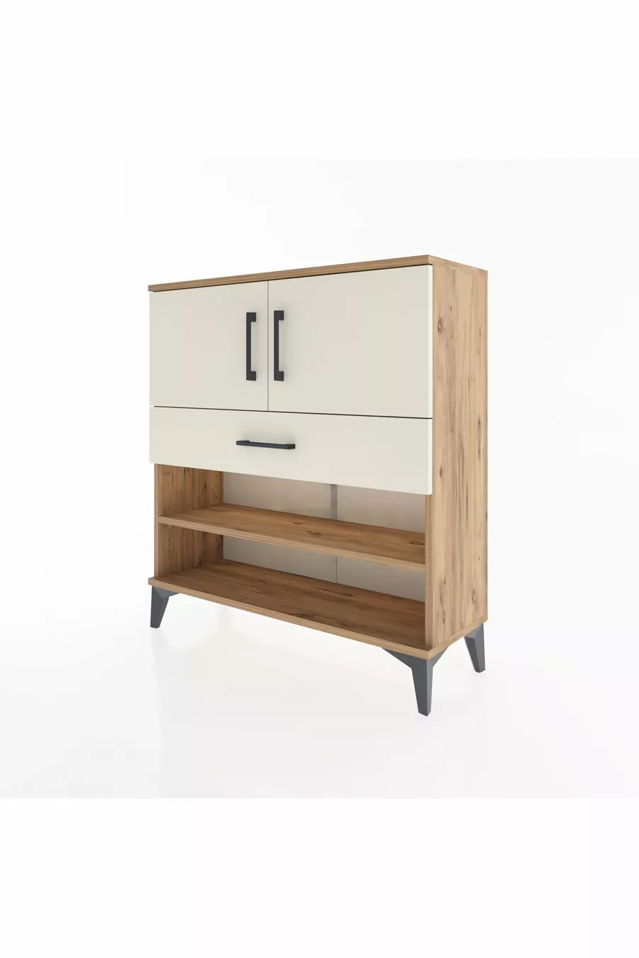 Commode Arges avec 3 étagères, 1 tiroir et 2 portes, en pin-pierre d'ardoise