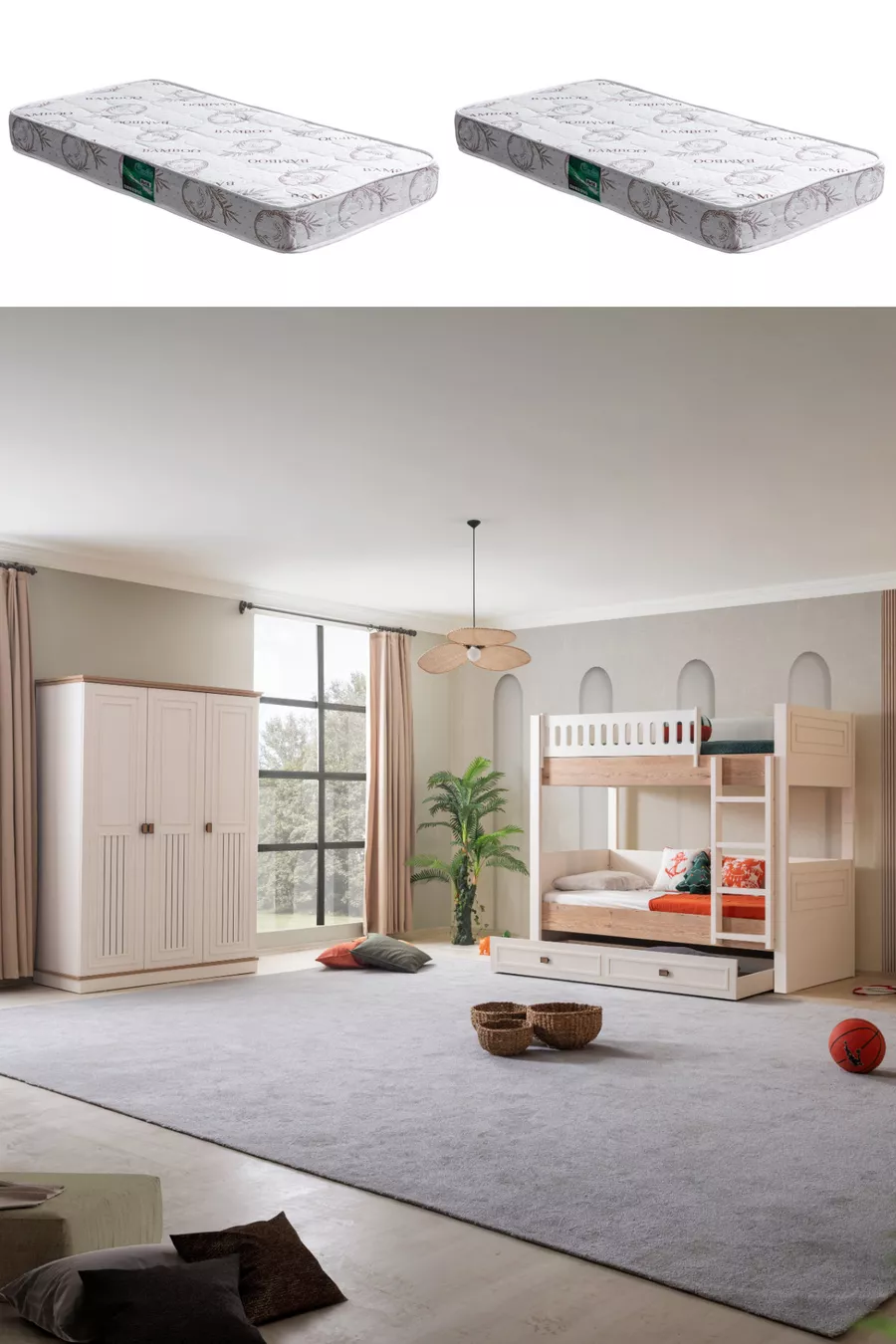 Lits superposés, Lit superposé Zenit avec tiroirs, Armoire à 3 portes, 2 matelas confort