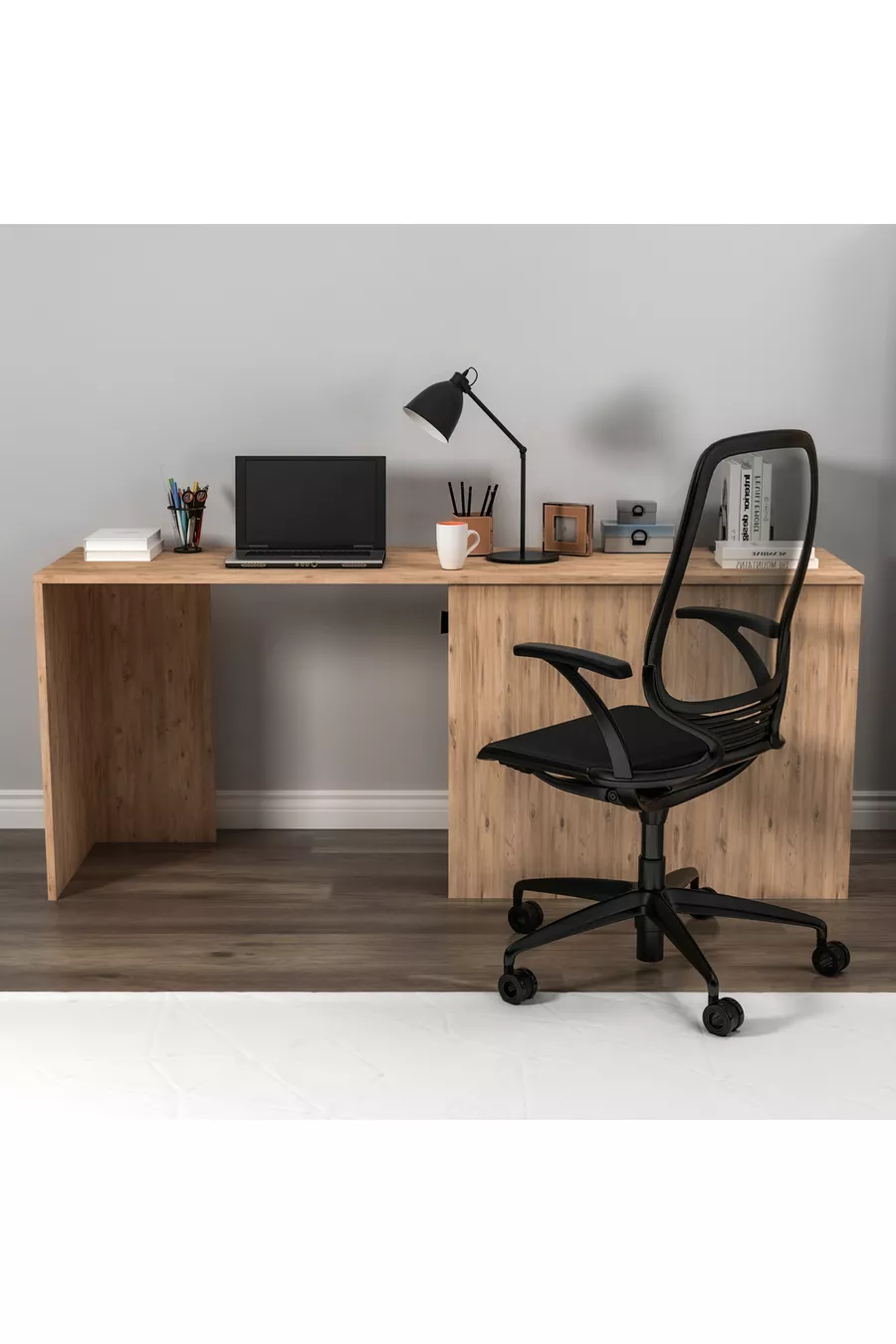 Chambre Jeune Akser Ensemble 4 pièces – Pin Atlantique Anthracite (Bureau, Lit, Armoire, Étagère Murale)