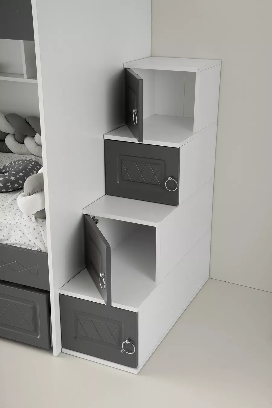 Lits superposés Mars avec tiroirs, anthracite & blanc, structure en acier avec revêtement en membrane, 100% MDF