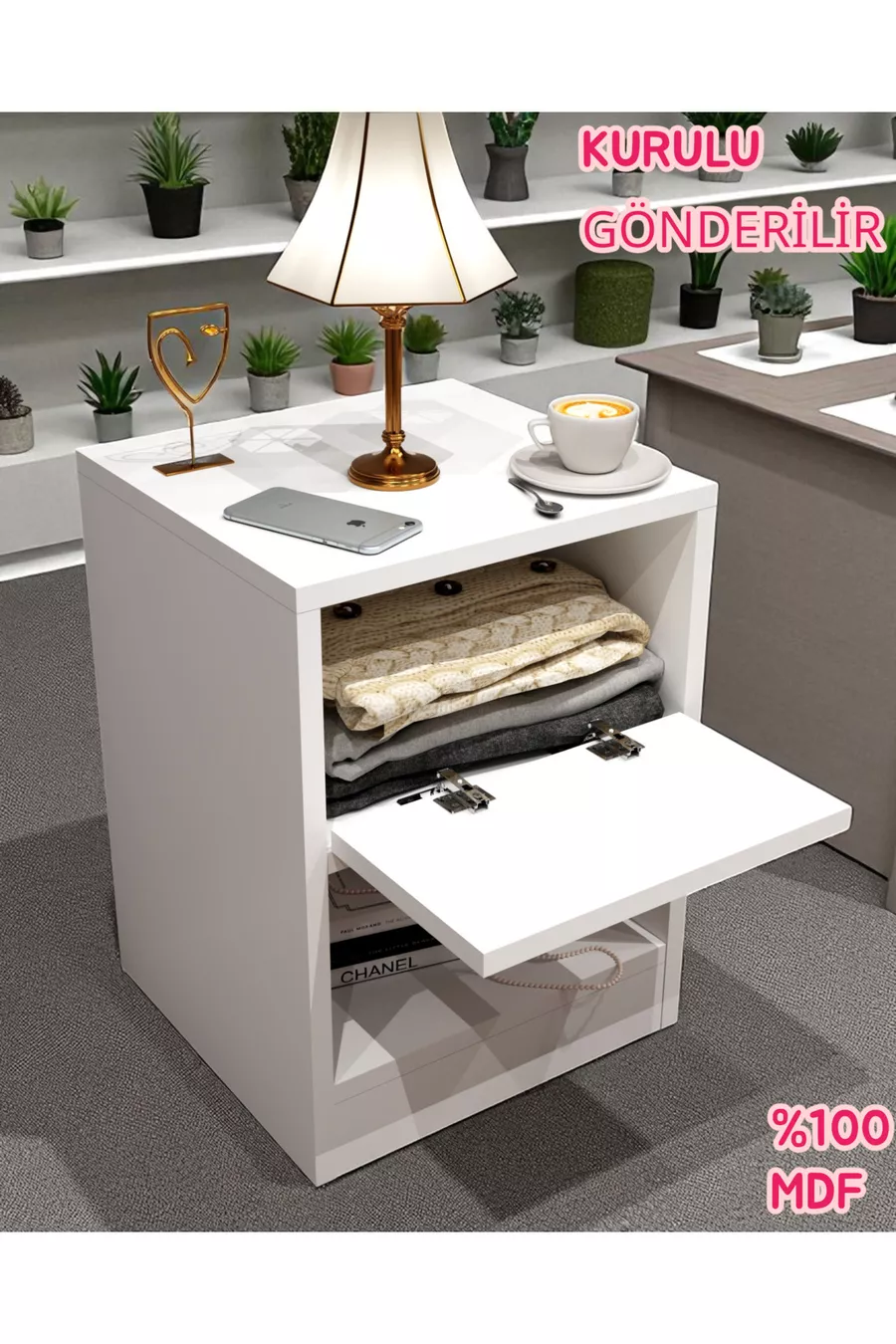 Table de chevet avec serrure et compartiment secret, MDF, livré monté, pas besoin d'assemblage