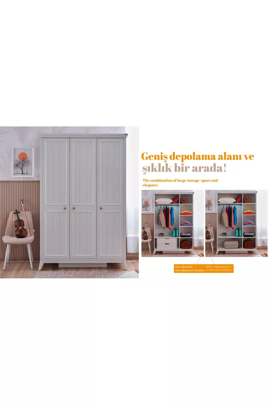 Chambre d'enfant Gloria (Armoire 3 portes + * Montessori + Commode avec portes)