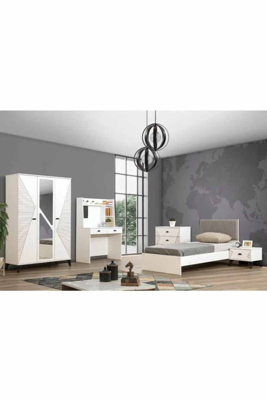 Chambre d'enfant Safir - Armoire 3 portes, Lit, Table de chevet, Commode, Bureau