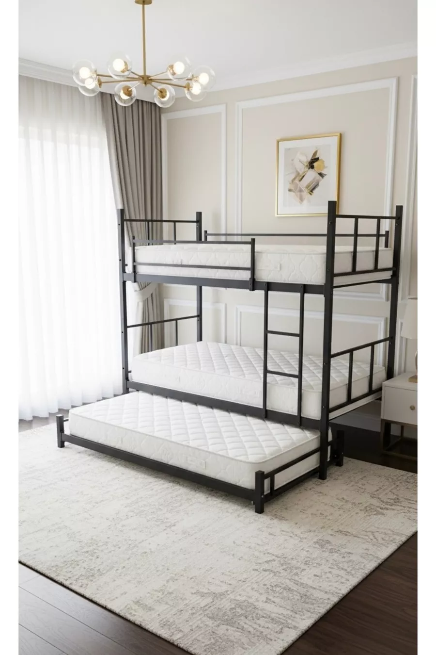 Lit superposé moderne avec étoiles, compatible avec lit, pour 3 personnes, lit superposé en métal noir