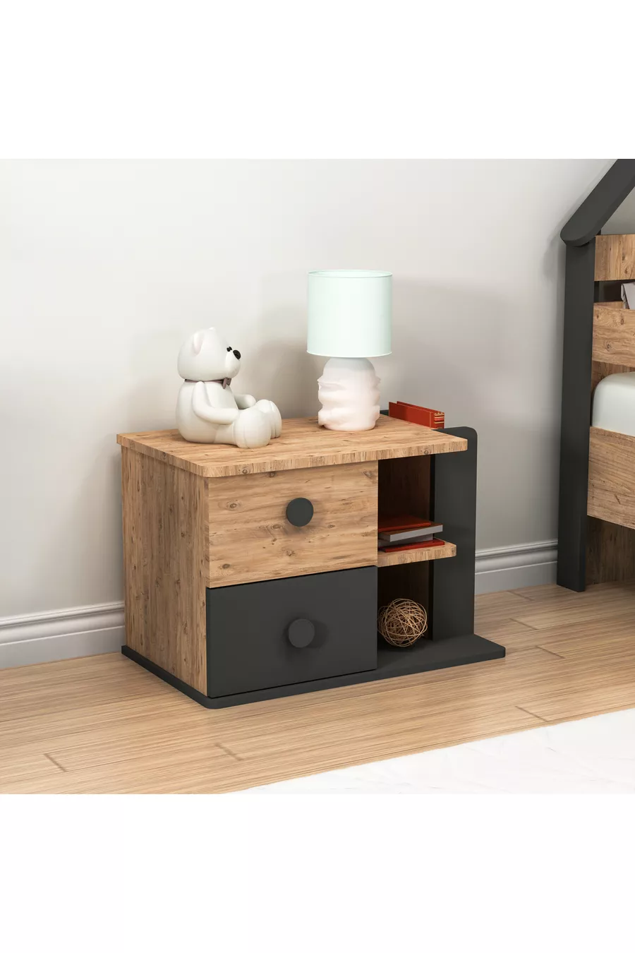 Ensemble de chambre d'enfant Valerin en pin Atlantique anthracite - Bureau, Lit, Bibliothèque, Armoire, Table de chevet