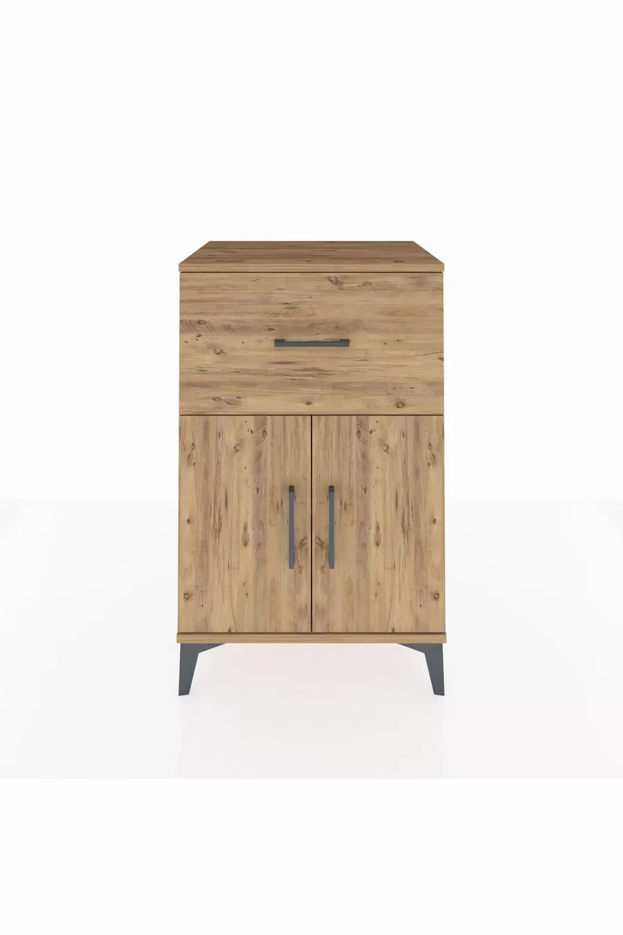 Chevet Hyperion avec une étagère simple, un tiroir et deux portes, en pin