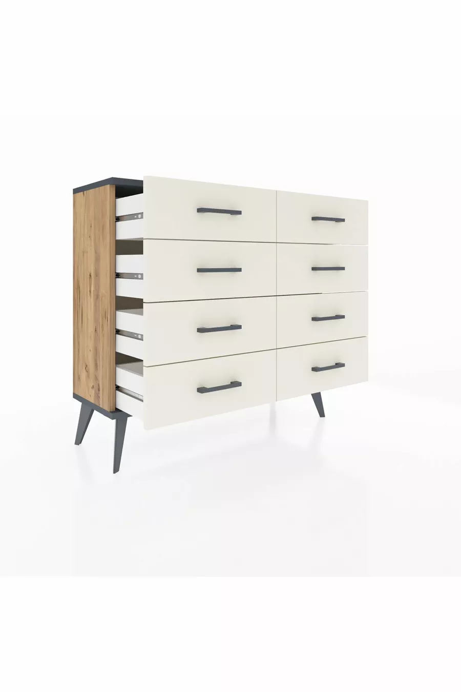 Commode Arges 8 tiroirs Pin-Anthracite/Gris pierre