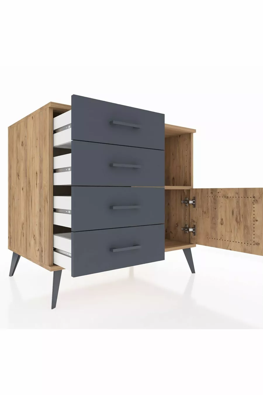 Commode Kronos à une étagère, 4 tiroirs et une porte, Pin-Pin/Anthracite