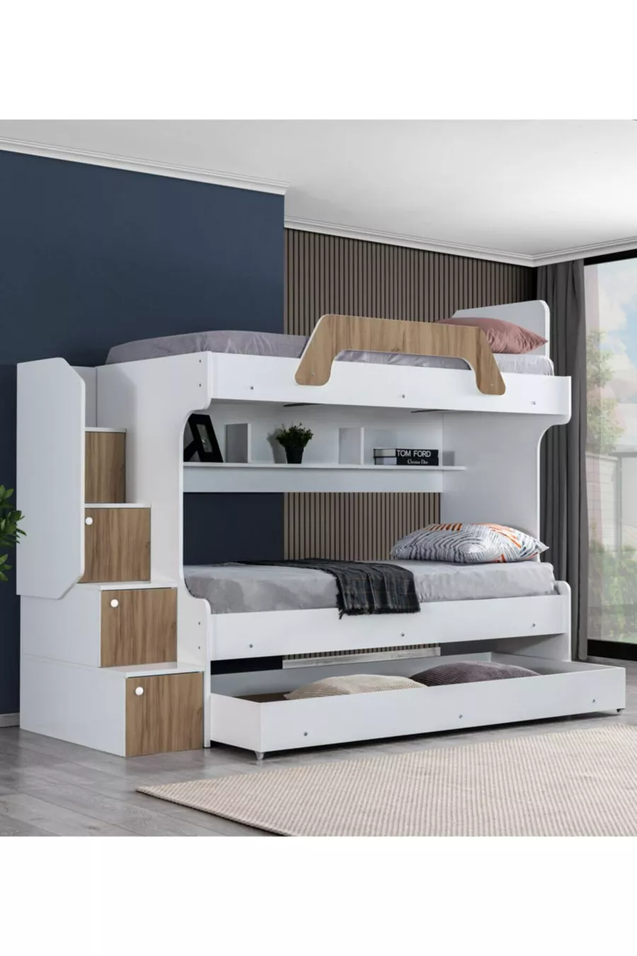 Lits superposés, Lit superposé pour enfants Inci avec lit gigogne en noyer, lot de 3 matelas confort