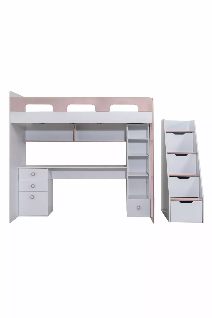 Lits superposés, lit-bureau-bibliothèque Troya - Rose 1 matelas Comfort