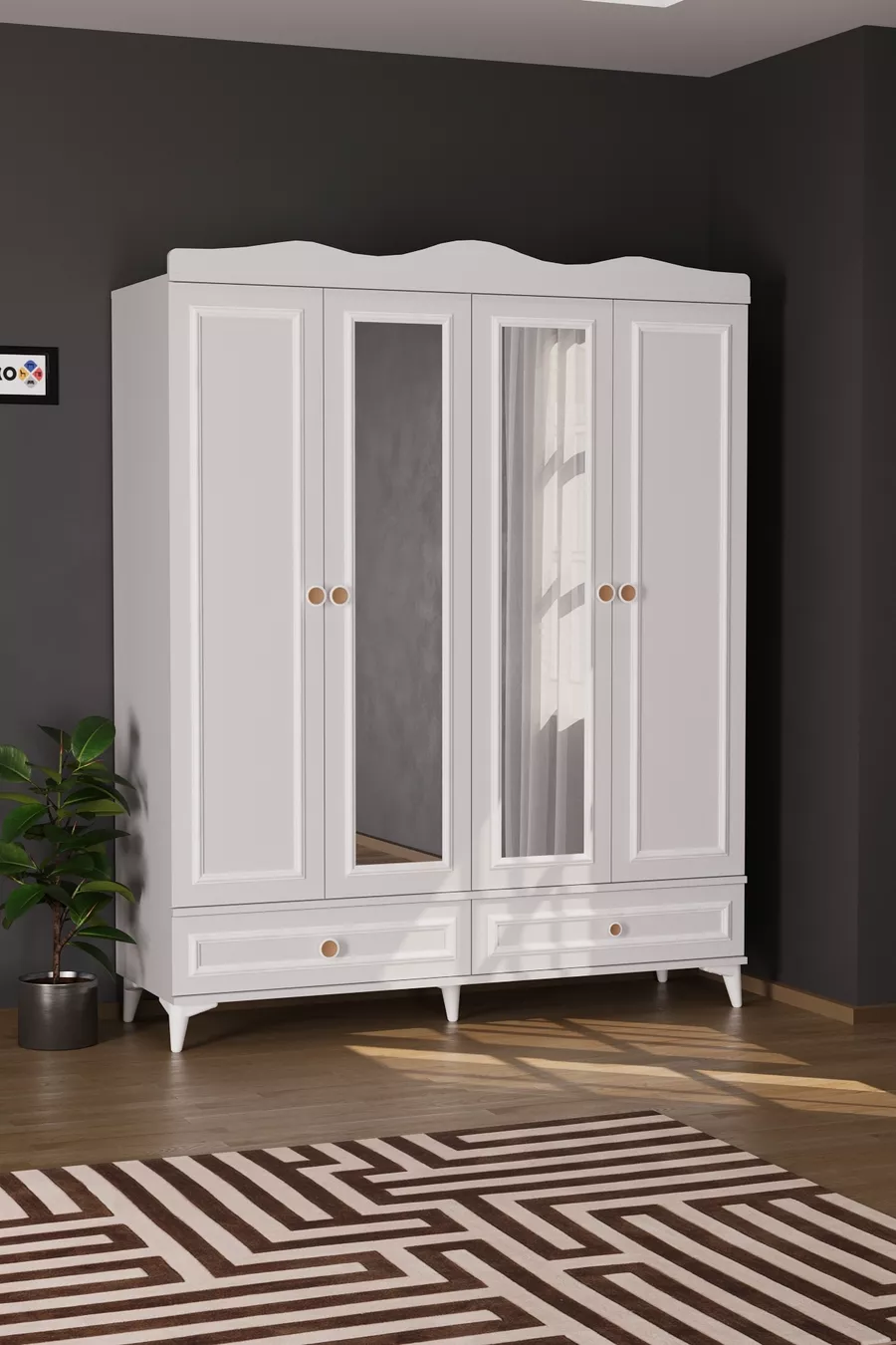 Armoire Nova à 4 portes avec 2 tiroirs et miroir, blanche