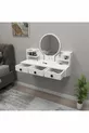 Table de maquillage murale Polina avec miroir, étagères et tiroirs, blanc - Polina