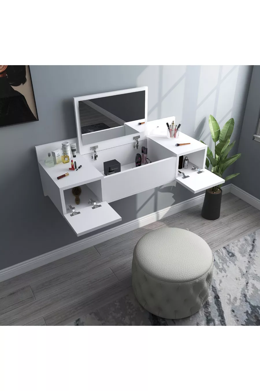 Coiffeuse Murale avec Miroir et Étagère Zakkum, Blanche - Zakkum